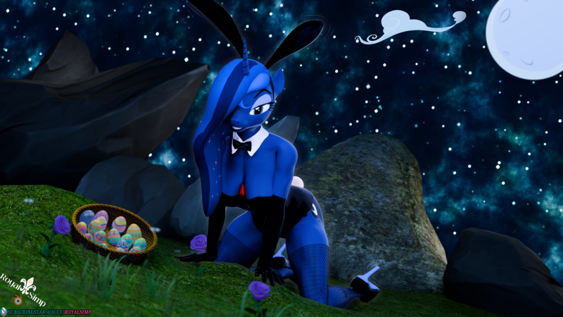 Size: 3840x2160 | Tagged: suggestive, artist:royalsimp, derpibooru import, princess luna, alicorn, anthro, rabbit, animal, bunny girl, bunny suit, clothes, cloud, condom, easter, easter egg, flower, grass, holiday, image, latex, moon, playboy bunny, png, rock