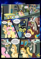 Size: 3259x4607 | Tagged: safe, derpibooru import, discord, fluttershy, oc, oc:alice goldenfeather, draconequus, pegasus, comic:nevermore, comic, hat, image, officer, open mouth, png, police officer, speech bubble
