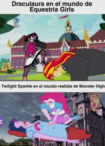 Size: 720x1000 | Tagged: safe, derpibooru import, pinkie pie, sunset shimmer, twilight sparkle, anthro, equestria girls, draculaura, g4, image, jpeg, meme, monster high, spanish text