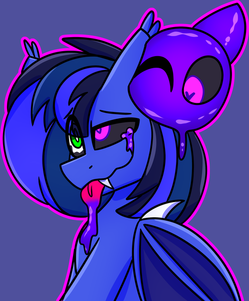 Size: 2307x2782 | Tagged: suggestive, artist:askhypnoswirl, derpibooru import, oc, oc:guard cobalt flash, unofficial characters only, bat pony, goo, bat pony oc, bat wings, chair, creature, cute, drool, image, mind control, png, possessed, possession, sitting, wings