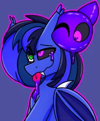 Size: 2307x2782 | Tagged: suggestive, artist:askhypnoswirl, derpibooru import, oc, oc:guard cobalt flash, unofficial characters only, bat pony, goo, bat pony oc, bat wings, chair, creature, cute, drool, image, mind control, png, possessed, possession, sitting, wings