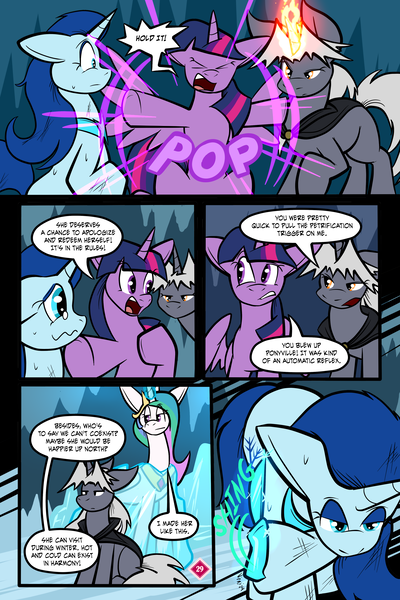 Size: 3000x4500 | Tagged: safe, artist:virmir, derpibooru import, princess celestia, twilight sparkle, oc, oc:snowmare doom, oc:virmare, alicorn, pony, unicorn, comic:so you've become a pony villain, bondage, cloak, clothes, comic, dialogue, encasement, female, floppy ears, frozen, g4, glow, glowing horn, horn, ice, image, imminent violence, knife, looking at each other, magic, mare, peytral, png, speech bubble, teleportation, wings