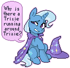 Size: 140x136 | Tagged: safe, artist:jewellier, derpibooru import, trixie, pony, unicorn, april fools 2024, confused, derpibooru exclusive, female, horn, image, mare, meta, pixel art, png, simple background, sitting, speech bubble, text, transparent background