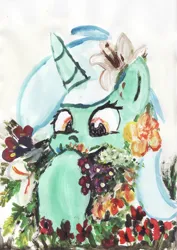 Size: 1632x2307 | Tagged: safe, artist:mandumustbasukanemen, derpibooru import, lyra heartstrings, pony, unicorn, cute, eating, female, flower, flower in hair, g4, horn, image, jpeg, lyrabetes, mare, simple background, solo, white background