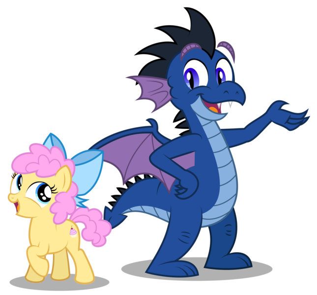 Size: 1920x1787 | Tagged: safe, artist:aleximusprime, derpibooru import, oc, oc:buttercream the dragon, oc:nightwatch, ponified, unofficial characters only, dragon, earth pony, pony, fanfic:my little sister is a dragon, bow, dragonified, duo, female, filly, foal, hair bow, hand on hip, image, looking at each other, looking at someone, male, open mouth, png, raised hoof, role reversal, simple background, smiling, species swap, spread wings, transparent background, wings