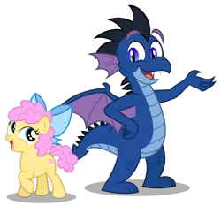 Size: 1920x1787 | Tagged: safe, artist:aleximusprime, derpibooru import, oc, oc:buttercream the dragon, oc:nightwatch, ponified, unofficial characters only, dragon, earth pony, pony, fanfic:my little sister is a dragon, bow, dragonified, duo, female, filly, foal, hair bow, hand on hip, image, looking at each other, looking at someone, male, open mouth, png, raised hoof, role reversal, simple background, smiling, species swap, spread wings, transparent background, wings