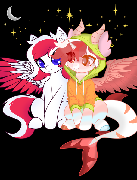 Size: 1024x1351 | Tagged: artist needed, safe, derpibooru import, oc, oc:peppermint swirl, oc:red wine, unofficial characters only, hybrid, original species, pegasus, shark, shark pony, black background, colored wings, duo, duo female, female, hybrid oc, image, pegasus oc, png, simple background, tail, two toned mane, two toned tail, two toned wings, wings