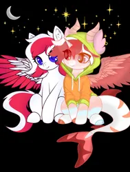 Size: 1024x1351 | Tagged: artist needed, safe, derpibooru import, oc, oc:peppermint swirl, oc:red wine, unofficial characters only, hybrid, original species, pegasus, shark, shark pony, black background, colored wings, duo, duo female, female, hybrid oc, image, pegasus oc, png, simple background, tail, two toned mane, two toned tail, two toned wings, wings