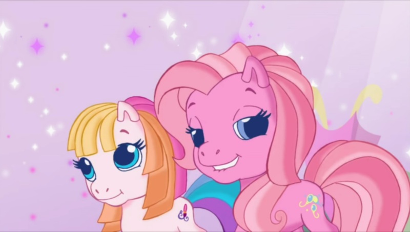 Size: 1272x720 | Tagged: safe, derpibooru import, screencap, pinkie pie (g3), earth pony, pony, g3, twinkle wish adventure, duo, female, g3.5, image, jpeg, lidded eyes, lip bite, looking at you, mare, toola-roola
