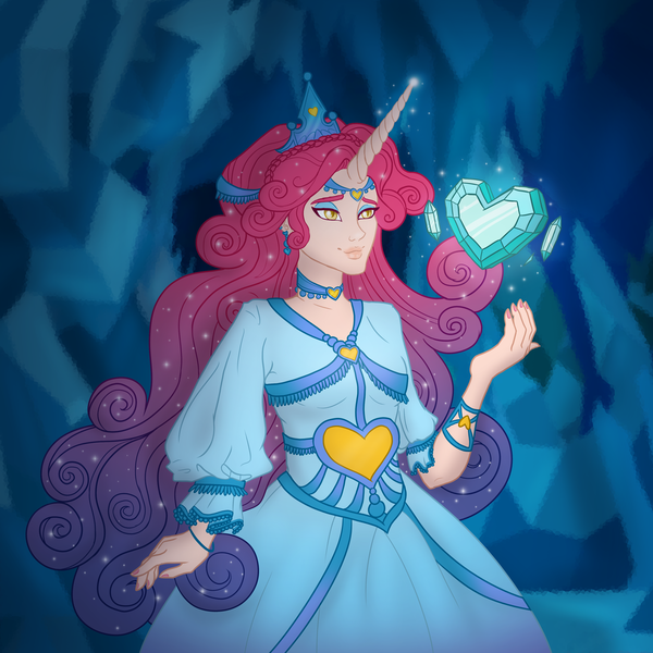 Size: 3466x3466 | Tagged: safe, derpibooru import, idw, princess amore, anthro, crystal pony, human, unicorn, amore, cave, clothes, crystal, crystal castle, crystal empire, crystal heart, dress, female, horn, humanized, image, png, solo, sparkles