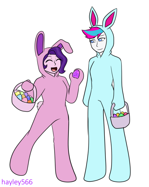 Size: 2153x2697 | Tagged: safe, artist:hayley566, derpibooru import, pipp petals, zipp storm, human, equestria girls, g5, adorapipp, adorazipp, animal costume, basket, bunny costume, clothes, commission, costume, cute, duo, duo female, easter, easter basket, easter bunny, easter egg, equestria girls-ified, eyes closed, female, g4, g5 to equestria girls, g5 to g4, generation leap, holiday, image, onesie, open mouth, open smile, png, royal sisters (g5), siblings, simple background, sisters, size difference, smiling, transparent background