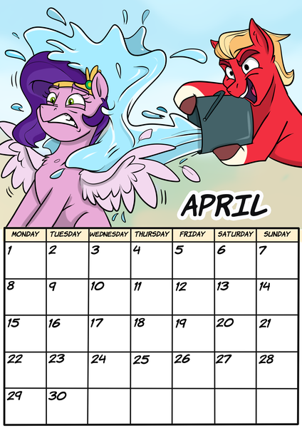 Size: 1654x2339 | Tagged: safe, artist:rutkotka, derpibooru import, pipp petals, sprout cloverleaf, earth pony, pegasus, pony, g5, april fools, april fools joke, bucket, bucket of water, calendar, coat markings, female, gritted teeth, hoof hold, image, male, mare, png, soaked, socks (coat marking), splash, spread wings, stallion, teeth, wings