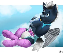 Size: 2500x2108 | Tagged: safe, artist:wittleskaj, derpibooru import, oc, oc:platinum shadow, pegasus, pony, adult foal, amputee, artificial wings, augmented, baby bottle, bib, clothes, cloud, cute, diaper, diaper fetish, fetish, image, looking at you, male, missing wing, non-baby in diaper, pegasus oc, png, prosthetic limb, prosthetic wing, prosthetics, scar, socks, stallion, wings