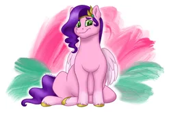 Size: 3861x2621 | Tagged: safe, artist:bella-pink-savage, derpibooru import, pipp petals, pegasus, pony, g5, circlet, coat markings, female, folded wings, green eyes, image, looking at you, mare, pink fur, pipp is chubby, png, purple mane, signature, simple background, sitting, smiling, smiling at you, socks (coat marking), solo, unshorn fetlocks, wings