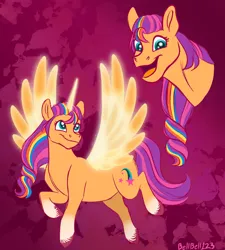 Size: 2622x2911 | Tagged: safe, artist:bella-pink-savage, derpibooru import, sunny starscout, alicorn, earth pony, pony, g5, my little pony: a new generation, artificial alicorn, artificial horn, artificial wings, augmented, bust, coat markings, female, glow, glowing horn, glowing wings, horn, image, magic, magic horn, magic wings, mane stripe sunny, mare, orange fur, png, race swap, signature, smiling, socks (coat marking), solo, spread wings, sunnycorn, unshorn fetlocks, wings
