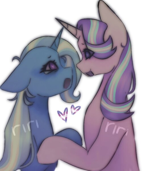 Size: 765x881 | Tagged: safe, artist:ririotz, derpibooru import, starlight glimmer, trixie, pony, unicorn, aliasing, duo, female, g4, heart, heart eyes, height difference, horn, image, jpeg, lesbian, looking at each other, looking at someone, looking into each others eyes, mare, obtrusive watermark, open mouth, open smile, shipping, simple background, smiling, startrix, watermark, white background, wingding eyes