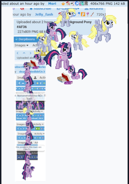 Size: 750x1072 | Tagged: safe, derpibooru import, derpy hooves, twilight sparkle, pegasus, pony, unicorn, derpibooru, 8-bit, april fools, april fools 2024, book, flying, horn, image, jpeg, meme, meta, ponies riding ponies, riding, twilight stackle, unicorn twilight