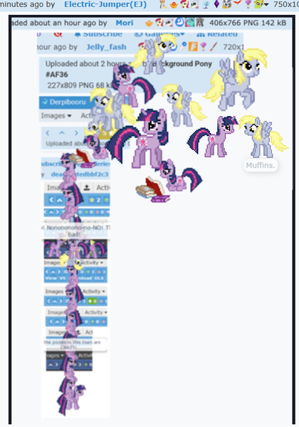 Size: 564x806 | Tagged: safe, derpibooru import, derpy hooves, twilight sparkle, pegasus, pony, unicorn, derpibooru, 8-bit, april fools, april fools 2024, book, flying, horn, image, meme, meta, png, ponies riding ponies, riding, twilight stackle, unicorn twilight