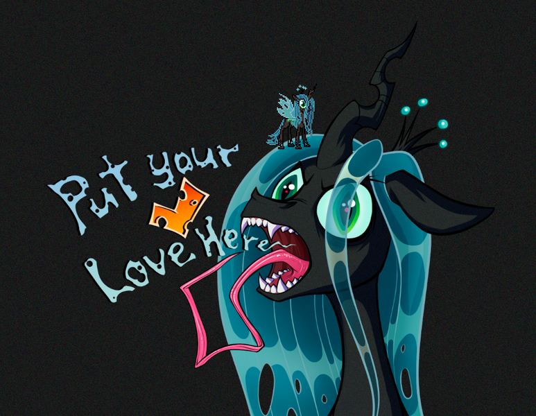 Size: 995x772 | Tagged: safe, artist:jehr, derpibooru import, screencap, queen chrysalis, changeling, changeling queen, derpibooru, april fools, april fools 2024, changeling wings, fangs, female, g4, heart, holes, horn, hungry, image, lanky, long hair, long horn, long legs, long pony, long tongue, meta, open mouth, png, sharp teeth, simple background, skinny, solo, tall, teeth, text, thin, tongue out, wings