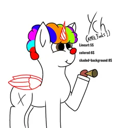 Size: 720x803 | Tagged: safe, artist:thomas.senko, derpibooru import, alicorn, changeling, earth pony, gryphon, pegasus, unicorn, afro, april fools, april fools 2024, clown, clown makeup, clown nose, female, honk, horn, image, male, png, red nose, simple background, white background