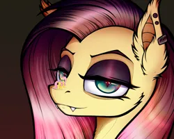 Size: 1117x894 | Tagged: safe, artist:jehr, derpibooru import, screencap, fluttershy, pegasus, pony, undead, vampire, derpibooru, fake it 'til you make it, april fools, april fools 2024, clothes, commission, ear piercing, earring, eyebrows, eyeshadow, fangs, female, fluttergoth, g4, goth, gradient background, halloween, holiday, image, jewelry, lidded eyes, lineart, looking at you, makeup, mare, meta, piercing, pink hair, pink mane, png, solo