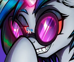 Size: 968x811 | Tagged: safe, artist:jehr, derpibooru import, screencap, vinyl scratch, pony, undead, unicorn, vampire, derpibooru, april fools, april fools 2024, colored, commission, fangs, fluffy, g4, glasses, glow, glowing eyes, glowing horn, gradient background, grin, halloween, holiday, horn, image, looking at you, magic, meta, pink, png, race swap, red eyes, smiling, smiling at you, solo