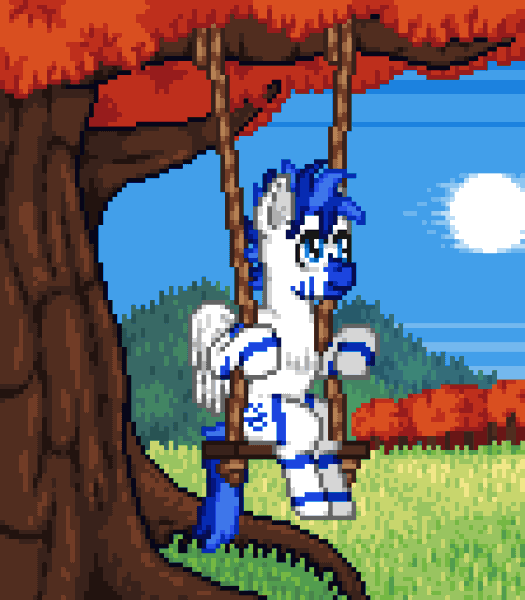 Size: 896x1024 | Tagged: safe, artist:sir_shoe, derpibooru import, oc, oc:fifty percent, unofficial characters only, hybrid, pony, zony, animated, gif, grass, image, male, pixel art, solo, stallion, swing, tree