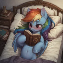 Size: 2048x2048 | Tagged: safe, ai content, derpibooru import, machine learning generated, prompter:ars, rainbow dash, pegasus, pony, bed, bed mane, bedroom, blanket, blushing, book, cute, exploitable meme, female, g4, hoof hold, image, lying down, mare, meme, messy mane, on back, pillow, png, reading, reading rainbow, sleepy, solo, wings