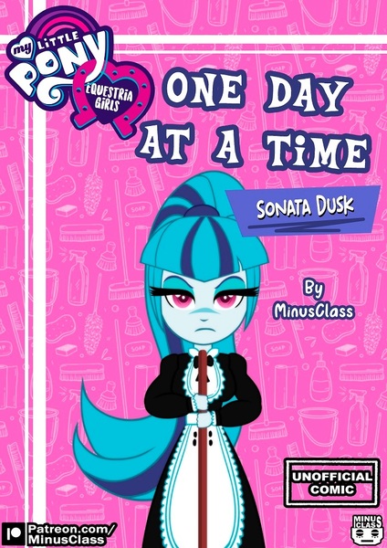 Size: 706x1000 | Tagged: safe, artist:minusclass, derpibooru import, sonata dusk, human, equestria girls, 2d, bangs, broom, clothes, comic, eyeshadow, female, g4, image, jpeg, lidded eyes, looking at you, maid, maid headdress, makeup, patreon, patreon logo, ponytail, solo