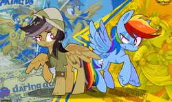 Size: 1920x1136 | Tagged: safe, artist:inzomniak, derpibooru import, daring do, rainbow dash, pegasus, pony, :>, backwards cutie mark, concave belly, duo, duo female, female, frown, g4, hat, image, lidded eyes, looking at each other, looking at someone, mare, pith helmet, png, raised hoof, rearing, signature, smiling, spread wings, stars, unshorn fetlocks, white pupils, wings