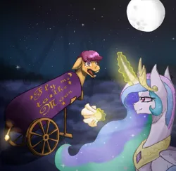 Size: 828x805 | Tagged: safe, artist:elementalsiri, derpibooru import, princess celestia, scootaloo, alicorn, pegasus, pony, cannon, fuse, g4, glow, glowing horn, handkerchief, horn, image, jewelry, magic, magic aura, moon, png, pony cannonball, redraw, regalia, telekinesis, this will end in tears and/or a journey to the moon, to the moon, trollestia