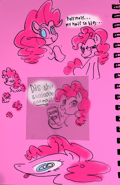 Size: 1338x2048 | Tagged: safe, artist:chipchapp, derpibooru import, pony, blue eyes, curly mane, dialogue, drink, female, image, limited palette, mare, narrowed eyes, open mouth, open smile, pink coat, pink mane, png, profile, raised hoof, root beer, sketch, sketch dump, smiling, soda can, solo, speech bubble, text, tongue out, traditional art, vulgar, wingding eyes