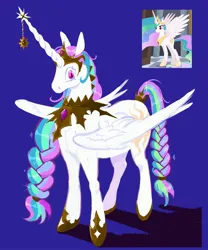 Size: 2500x3000 | Tagged: safe, artist:cracklewink, derpibooru import, princess celestia, alicorn, pony, alternate design, alternate hairstyle, alternate tailstyle, blue background, braid, braided ponytail, braided tail, crown, female, g4, high res, hoof shoes, horn, horn accessory, image, jewelry, jpeg, long horn, mare, multicolored mane, multicolored tail, no mouth, partially open wings, peytral, pink eyes, ponytail, princess shoes, redesign, regalia, shadow, shiny mane, shiny tail, simple background, solo, standing, tail, tiara, tied mane, tied tail, white coat, wide eyes, wingding eyes, wings