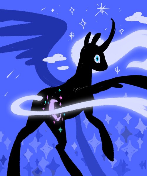 Size: 2500x3000 | Tagged: safe, artist:cracklewink, derpibooru import, princess luna, alicorn, pony, abstract background, alternate cutie mark, alternate design, alternate hair color, alternate hairstyle, alternate tail color, alternate tailstyle, black coat, blue eyes, curved horn, ethereal mane, ethereal tail, female, g4, glow, glowing mane, glowing tail, high res, horn, image, jpeg, long legs, long mane, long tail, looking at you, looking back, looking back at you, mare, no mouth, raised hoof, rear view, redesign, shooting star, sparkles, spread wings, standing, starry eyes, stars, tail, thin legs, white mane, white tail, white-haired luna, wide eyes, wind, windswept mane, windswept tail, wingding eyes, wings