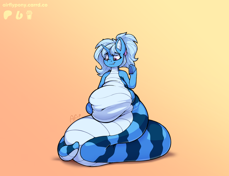 Size: 1900x1458 | Tagged: questionable, artist:airfly-pony, derpibooru import, oc, oc:triksa, lamia, original species, snake, snake pony, unicorn, series:fatty chubby noodle, 2024, belly, big belly, chubby, commission, fangs, fat, female, gradient background, horn, image, implied vore, looking down, png, simple background, smiling, weight gain, weight gain sequence
