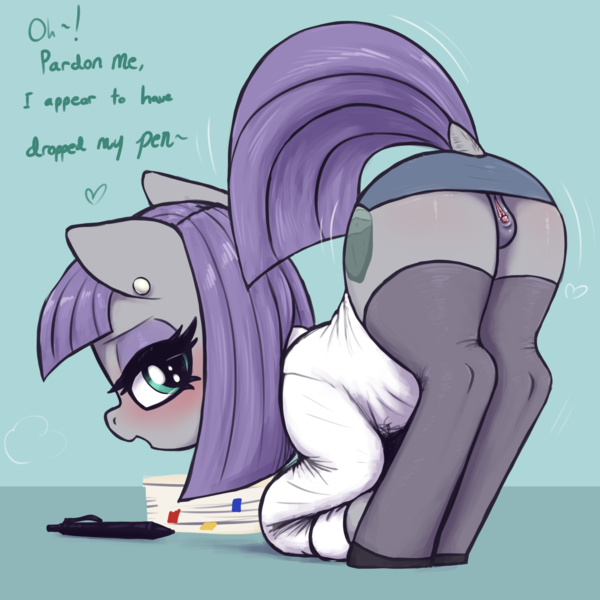 Size: 3000x3000 | Tagged: explicit, artist:t72b, derpibooru import, maud pie, earth pony, pony, alternate clothes, anatomically correct, bedroom eyes, bent over, blushing, butt, button-up shirt, clitoris, clothes, dialogue, ear piercing, earring, eyeshadow, face down ass up, female, g4, image, jewelry, lidded eyes, looking at you, looking back, looking back at you, makeup, mare, nudity, office lady, pen, piercing, plot, png, presenting, raised tail, shirt, shoes, side slit, simple background, skirt, socks, solo, solo female, stockings, tail, talking to viewer, thigh highs, upskirt, vulva, vulvar winking
