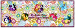 Size: 884x334 | Tagged: safe, derpibooru import, applejack, fluttershy, pinkie pie, rainbow dash, rarity, twilight sparkle, earth pony, pegasus, pony, unicorn, 2012, banner, female, g4, group hug, horn, hug, image, mane six, mare, old art, png, unicorn twilight