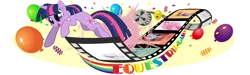 Size: 900x270 | Tagged: safe, artist:silentazrael, derpibooru import, twilight sparkle, pony, unicorn, equestria daily, 2012, balloon, banner, confetti, image, png, simple background, transparent background, unicorn twilight