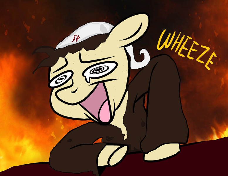 Size: 2273x1756 | Tagged: safe, derpibooru import, edit, edited edit, editor:atomgatherer, oc, oc:atom gatherer, base used, caption, clothes, dying inside, fire, freckles, hat, hoodie, image, image macro, laughing, laughing away madness, meme, mental breakdown, open mouth, oversized clothes, png, purgatory, shitposting, small hat, solo, text, there was an attempt, wheeze