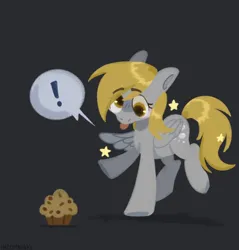 Size: 1200x1256 | Tagged: safe, artist:inzomniak, derpibooru import, derpy hooves, pegasus, pony, :p, cute, derpabetes, exclamation point, eye clipping through hair, eyebrows, eyebrows visible through hair, female, food, g4, gray background, image, mare, muffin, png, signature, simple background, solo, standing on two hooves, stars, tongue out