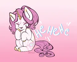 Size: 1280x1024 | Tagged: safe, artist:ghostyglue, derpibooru import, oc, pony, unicorn, colored hooves, commission, ear fluff, female, gold hooves, hooves, horn, image, laughing, mare, open mouth, pink hair, png, simple background, solo, text, unshorn fetlocks, ych result