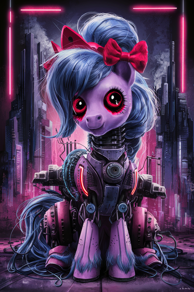 Size: 768x1152 | Tagged: prompter needed, safe, ai content, derpibooru import, generator:ideogram 1.0, machine learning generated, oc, oc:cosmia nebula, unofficial characters only, cyborg, frankenpony, image, png, poster, prompt in description, solo