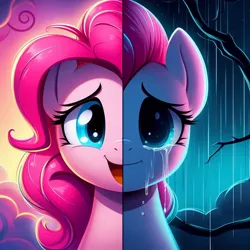 Size: 1024x1024 | Tagged: safe, ai content, derpibooru import, machine learning generated, prompter:doomguy397, pinkie pie, crying, generator:dall-e 3, happy, image, jpeg, rain, sad, smiling, solo focus, storm
