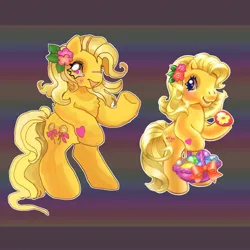 Size: 900x900 | Tagged: safe, artist:larvaecandy, derpibooru import, butterscotch (g3), fluttershy, earth pony, pony, g3, basket, bipedal, blonde mane, blonde tail, blushing, butterscotch, chest fluff, curly mane, curly tail, duo, duo female, easter, easter egg, egg, female, flower, flower in hair, heart, heart eyes, heart mark, holiday, hoof hold, image, jpeg, long mane, long tail, looking at you, mare, open mouth, open smile, patterned background, rule 63, self paradox, self ponidox, smiling, smiling at you, standing on two hooves, tail, wingding eyes, yellow coat, yellow eyes, yellow mane, yellow tail