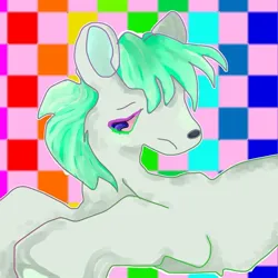 Size: 900x900 | Tagged: safe, artist:larvaecandy, derpibooru import, oc, unnamed oc, unofficial characters only, earth pony, pony, ambiguous gender, colored eyelashes, colored pinnae, colored sclera, frown, green mane, image, jpeg, lidded eyes, lying down, mint mane, pink sclera, profile, prone, purple eyes, white coat, wingding eyes