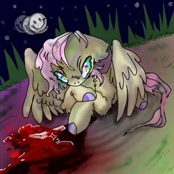Size: 1000x1000 | Tagged: semi-grimdark, artist:larvaecandy, derpibooru import, fluttershy, pony, alternate design, alternate eye color, arm fluff, blood, bloody knife, colored hooves, detailed background, ear fluff, female, g4, image, jpeg, knife, long tail, looking down, lying down, mare, messy mane, messy tail, multicolored eyes, no mouth, partially open wings, prone, rainbow eyes, shiny hooves, shiny mane, shiny tail, short hair fluttershy, short mane, solo, tail, teal eyes, wavy tail, wings