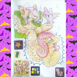 Size: 1080x1080 | Tagged: safe, artist:larvaecandy, derpibooru import, fluttershy, bat, fruit bat, pegasus, pony, abstract background, bust, chest fluff, colored ear fluff, colored eyebrows, colored mouth, colored pencil drawing, curly mane, cute, cute little fangs, duality, duo, duo female, ear fluff, ear tufts, emanata, fangs, female, g4, hoof out, image, jpeg, looking at someone, mare, neck fluff, open mouth, open smile, passepartout, pink mane, profile, self paradox, self ponidox, short hair fluttershy, short mane, smiling, spread wings, sticker, teal eyes, traditional art, wingding eyes, wings, yellow coat