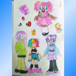 Size: 1080x1080 | Tagged: safe, artist:larvaecandy, derpibooru import, fluttershy, pinkie pie, rainbow dash, twilight sparkle, human, abstract background, blue eyes, blue yes, bracelet, clothes, colored eyebrows, colored pencil drawing, cutie mark, cutie mark on clothes, dark skin, dress, female, g4, group, hair bun, humanized, image, jewelry, jpeg, knee high socks, leggings, light skin, mary janes, multicolored hair, narrowed eyes, open mouth, open smile, pale skin, pigtails, pink eyes, pink hair, purple hair, quartet, rainbow hair, shirt, shoes, short hair, short hair rainbow dash, skirt, smiling, smoldash, sneakers, socks, sports bra, sticker, sweater, sweatershy, tallershy, tan skin, traditional art, wingding eyes