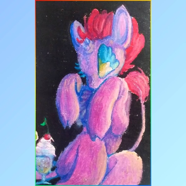 Size: 1080x1080 | Tagged: safe, artist:larvaecandy, derpibooru import, fizzlepop berrytwist, tempest shadow, classical unicorn, pony, unicorn, abstract background, alternate eye color, broken horn, cloven hooves, drink, female, g4, horn, image, jpeg, leonine tail, looking at something, mare, milkshake, multicolored eyes, no mouth, oil pastel, pink mane, pink tail, purple coat, raised hoof, raised hooves, solo, standing, tail, traditional art, unshorn fetlocks, wingding eyes