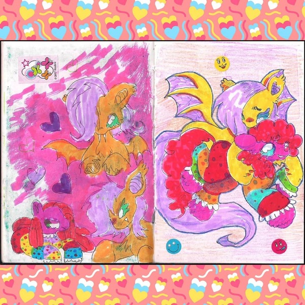 Size: 1080x1080 | Tagged: safe, artist:larvaecandy, derpibooru import, fluttershy, pinkie pie, bat pony, earth pony, pony, abstract background, bat ponified, blue eyes, chest fluff, clown outfit, colored hooves, colored pencil drawing, colored pinnae, curly mane, curly tail, duality, ear tufts, female, floating heart, flutterbat, g4, hatching (technique), heart, heart ears, image, jpeg, long mane, long tail, mare, marker drawing, pink coat, pink mane, pink tail, pinkamena diane pie, race swap, shiny mane, shiny tail, sitting, sketch, sketch dump, spread wings, sticker, tail, traditional art, triality, unshorn fetlocks, wingding eyes, wings, yellow coat